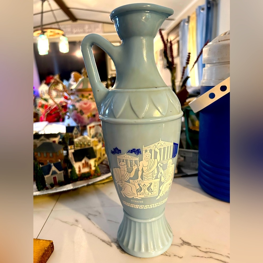 Vintage 1960s Grecian themed blue milk glass Jim Bean Decanter